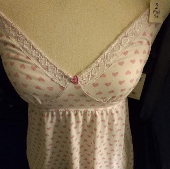 New,with tag white with pink hearts print 2pc stretch babydoll night sleepwear m - Picture 2 of 4